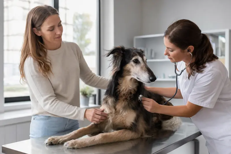 Eine Tierärztin untersucht einen ruhigen Ungarischen Windhund mit dem Stethoskop, während der Besitzer in der modernen Tierarztpraxis beruhigend danebensteht.