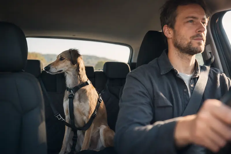 Ungarischer Windhund sitzt sicher angeschnallt auf der Rückbank eines Autos, während der Besitzer ruhig fährt.