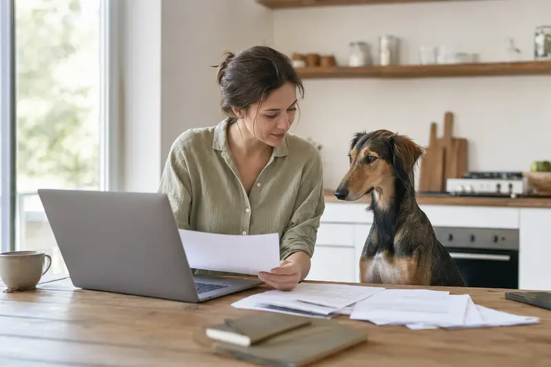 Ein Ungarischer Windhund sitzt ruhig neben seinem Besitzer am Küchentisch mit Versicherungsunterlagen und Laptop in einer hellen Wohnung.