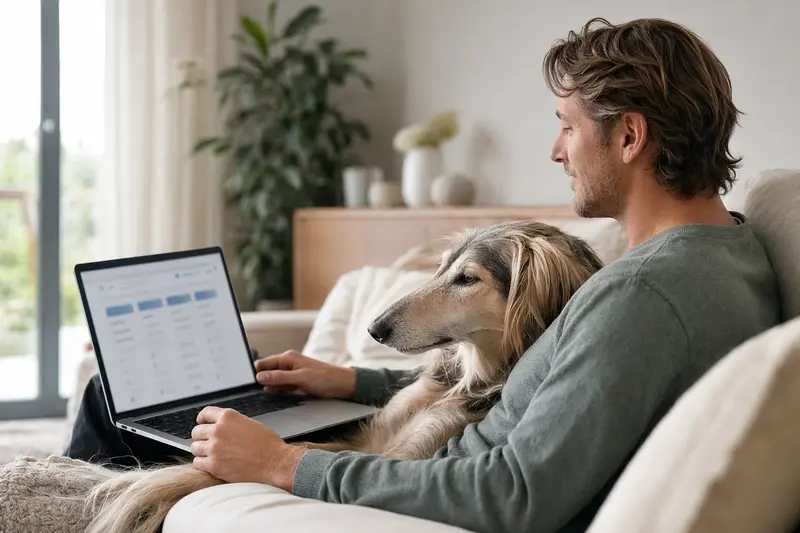 Ein Hundebesitzer arbeitet am Laptop auf dem Sofa, während neben ihm ein Ungarischer Windhund sitzt und eine Versicherungsvergleichsseite im Hintergrund entschlüsselt wird.