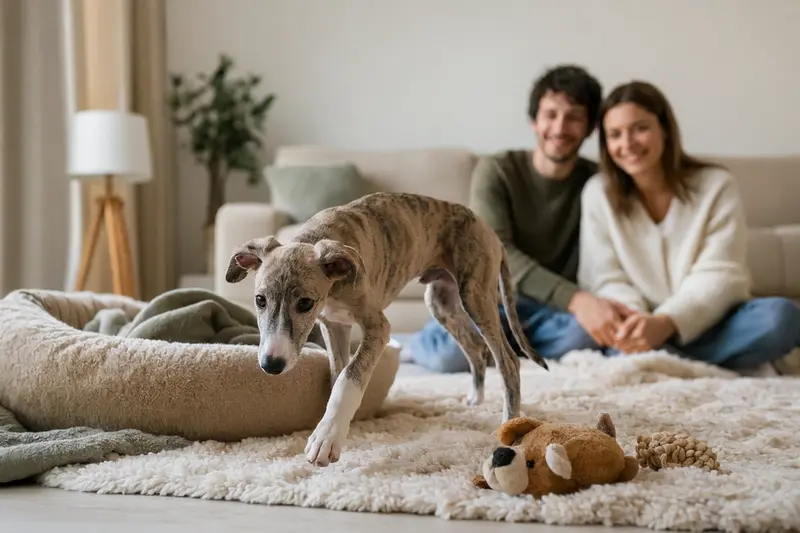 Ein junger Ungarischer Windhund Welpe erkundet neugierig sein neues Zuhause mit weicher Decke und Spielzeug in einer hellen Wohnung.