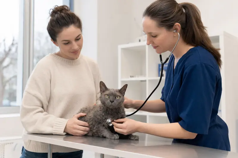 Eine Ural Rex Katze wird behutsam von einer freundlichen Tierärztin auf einem Untersuchungstisch untersucht.