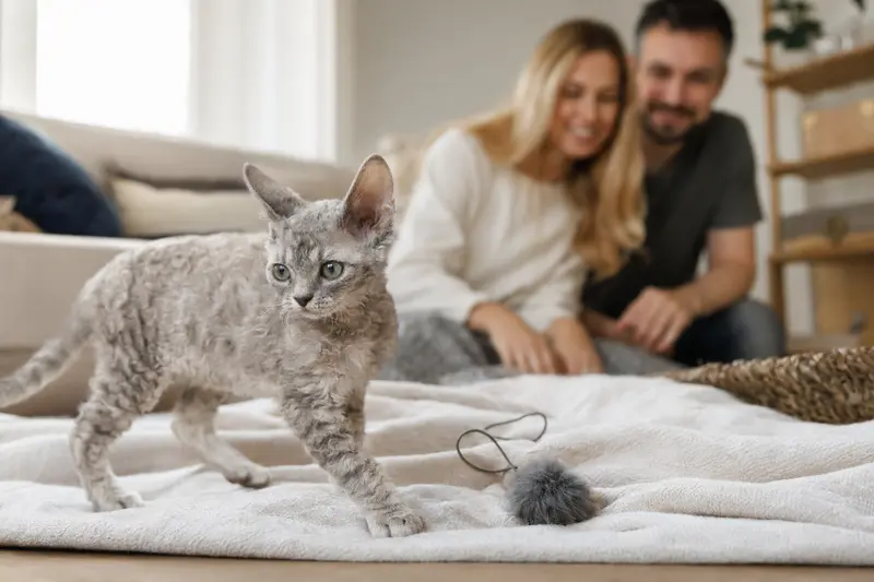 Ein neugieriges Ural Rex Kitten entdeckt sein neues Zuhause auf einer weichen Decke mit Spielzeug.