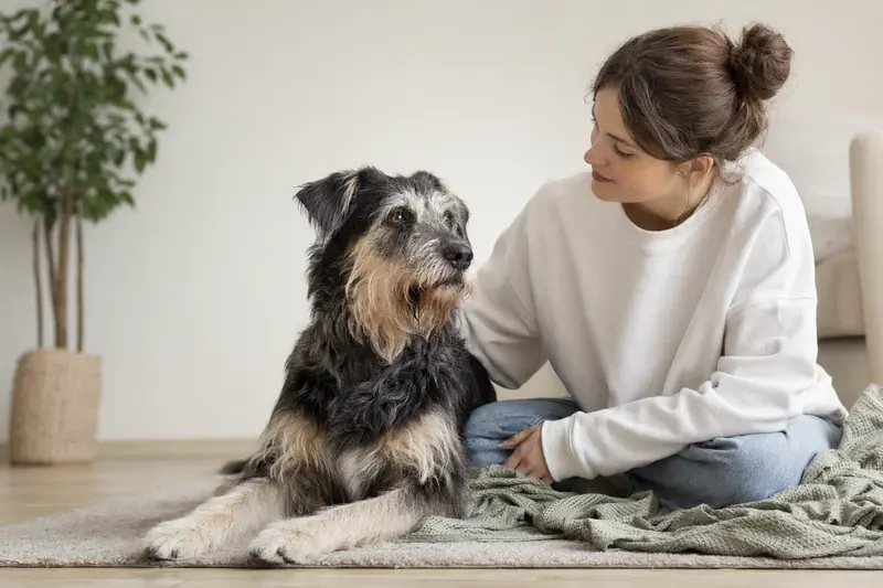 Ein aufmerksamer Urhund steht in natürlicher Haltung vor hellem Hintergrund und wirkt wie ein hochwertiges Hundeporträt.