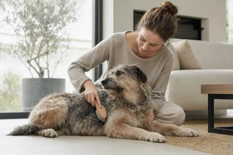 Ein Hund wird in einer hellen Wohnung sanft gebürstet, während sein Besitzer liebevoll die Fellpflege übernimmt.