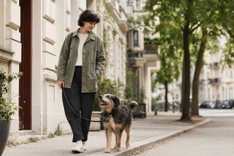 Ein Urhund läuft entspannt an der Leine mit seinem Besitzer durch eine moderne Stadtstraße.