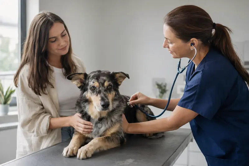 Eine Tierärztin untersucht einen ruhigen Hund in einer modernen Tierarztpraxis mit dem Stethoskop, während der Besitzer beruhigend danebensteht.