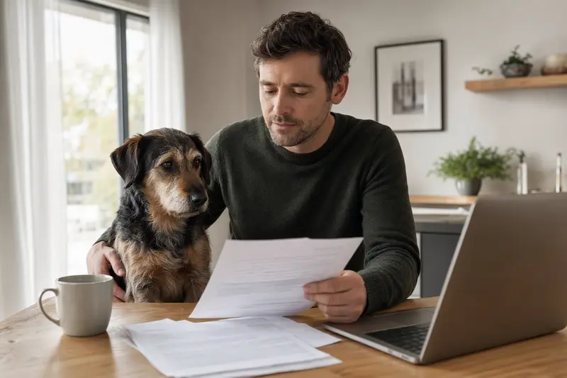 Ein Urhund sitzt ruhig neben seinem Besitzer am Küchentisch, während Versicherungsunterlagen und ein Laptop mit einer neutralen Vergleichsseite vor ihm liegen.