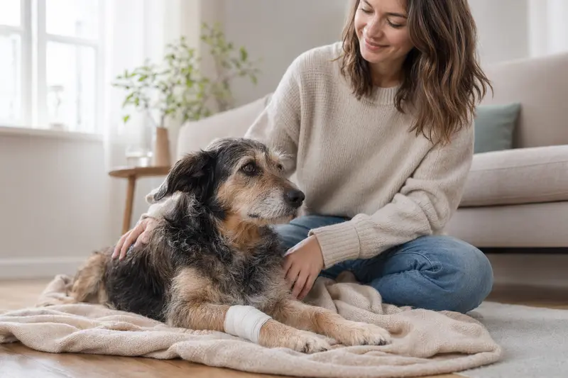 Ein Hund mit leichtem Verband an der Pfote liegt ruhig auf einer Decke, während sein Besitzer erleichtert neben ihm sitzt.