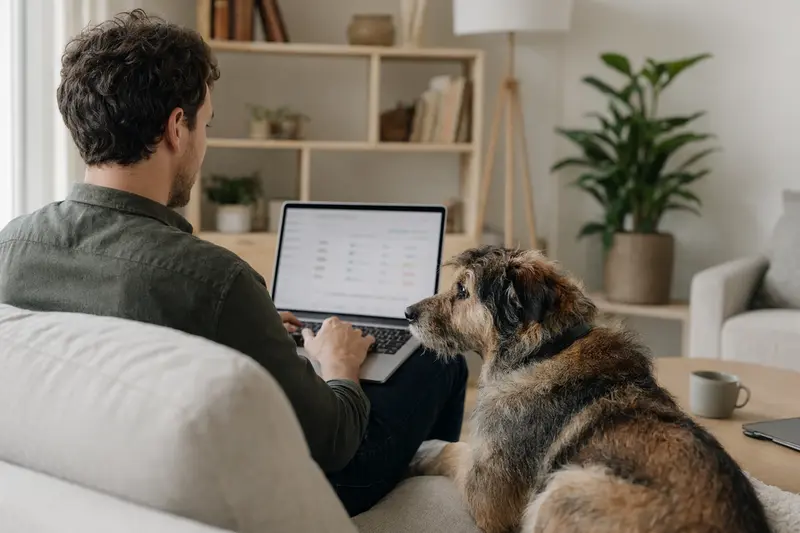 Ein Hund liegt neben seinem Besitzer, der ruhig mit einem Laptop auf dem Sofa arbeitet und eine Versicherungsvergleichs-Oberfläche betrachtet.