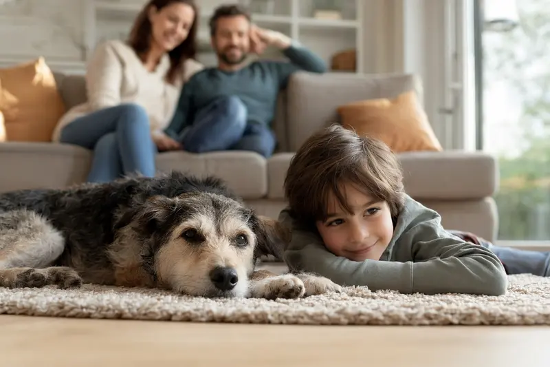Ein freundlicher Urrador Hund liegt entspannt neben einem Kind im hellen Wohnzimmer, während die Eltern im Hintergrund eine sichere Familienatmosphäre schaffen.