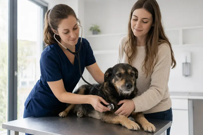 Eine freundliche Tierärztin untersucht einen ruhigen Urrador Hund auf dem Untersuchungstisch mit dem Stethoskop, während der Besitzer beruhigend danebensteht.