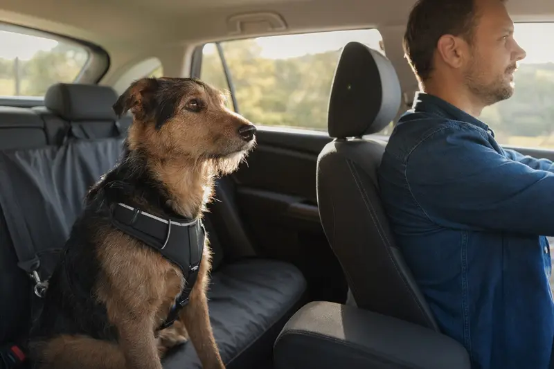 Ein Urrador Hund sitzt sicher angeschnallt auf der Rückbank eines Autos, während der Besitzer ruhig fährt.