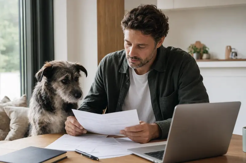 Ein Urrador Hund sitzt ruhig neben seinem Besitzer am Küchentisch mit Versicherungsunterlagen und einem Laptop mit Vergleichsseite zur Hundekrankenversicherung.