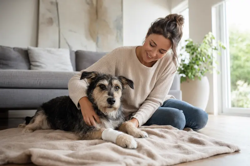 Ein Urrador Hund mit leichtem Verband an der Pfote liegt ruhig auf einer Decke neben seinem erleichterten Besitzer in einer hellen Wohnung.