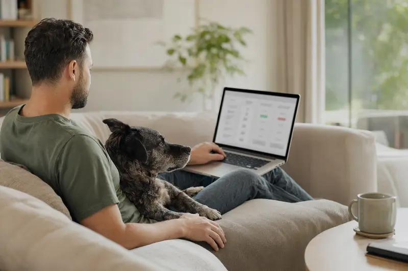 Ein Hundebesitzer sitzt entspannt mit einem Laptop auf dem Sofa neben seinem Hund und vergleicht Versicherungen.
