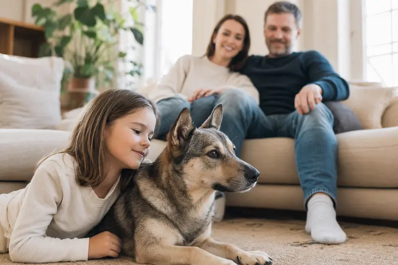 Ein freundlicher Vallhund liegt entspannt neben einem Kind im hellen Wohnzimmer, während die Eltern im Hintergrund eine sichere Familienatmosphäre schaffen.