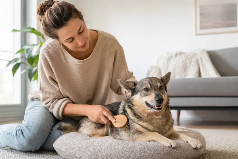 Ein Vallhund wird in einer hellen Wohnung sanft gebürstet, während sein Besitzer liebevoll die Fellpflege übernimmt.