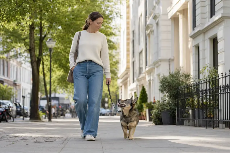 Ein Vallhund läuft an der Leine mit seinem Besitzer durch eine freundliche moderne Stadtstraße.