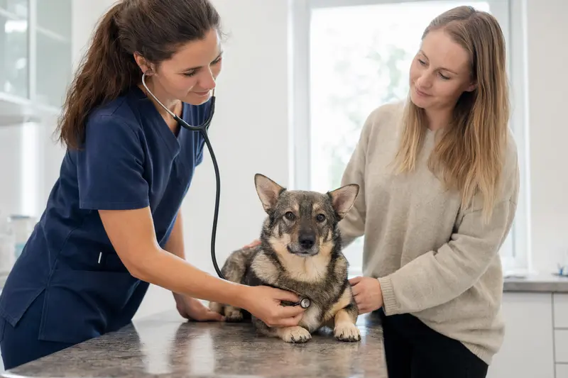 Eine Tierärztin untersucht einen ruhigen Vallhund mit dem Stethoskop, während der Besitzer in der modernen Tierarztpraxis beruhigend danebensteht.