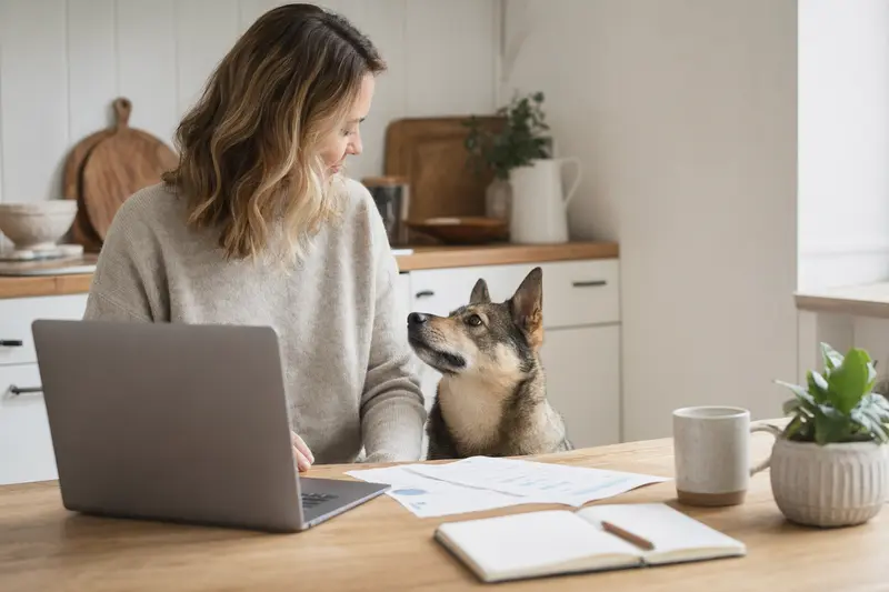 Ein Vallhund sitzt ruhig neben seinem Besitzer am Küchentisch, während Versicherungsunterlagen und ein Laptop mit einer neutralen Vergleichsseite auf dem Tisch liegen.