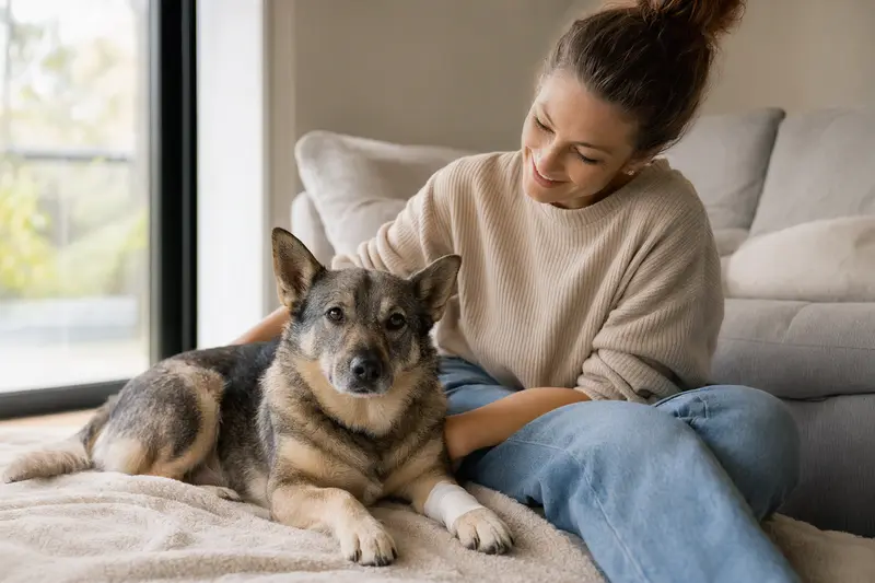Ein Vallhund mit leicht verbundenem Pfotenbereich liegt ruhig auf einer Decke, während sein Besitzer erleichtert daneben sitzt.