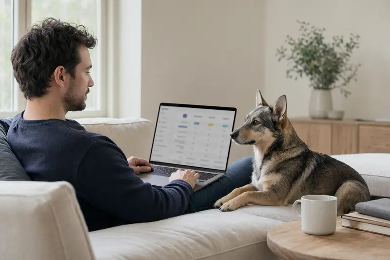 Ein Hundebesitzer nutzt einen Laptop auf dem Sofa, während sein Vallhund neben ihm sitzt und eine neutrale Versicherungsvergleichsseite angezeigt wird.