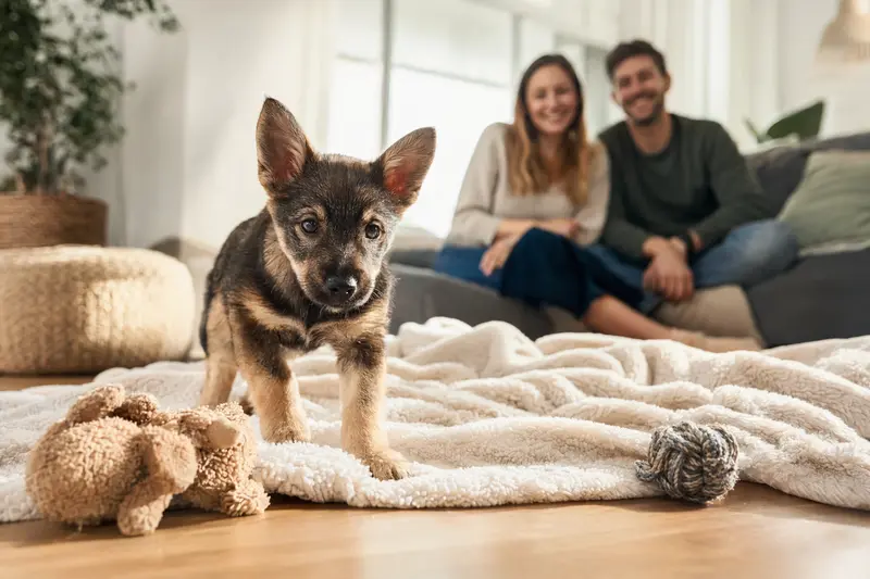 Neugieriger Vallhund-Welpe entdeckt in einer hellen Wohnung sein neues Zuhause mit weicher Decke und Spielzeug, während seine Familie im Hintergrund liebevoll zusieht.