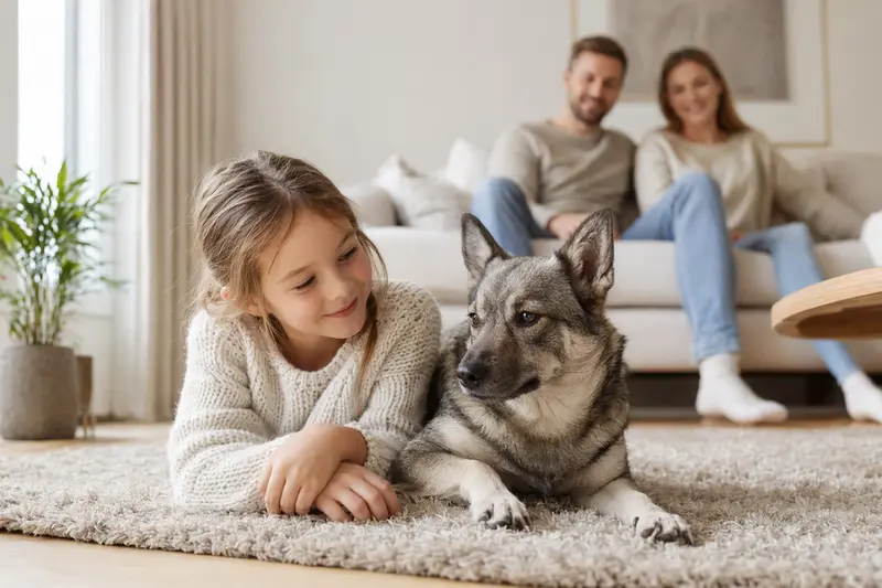 Ein freundlicher Västgötaspets liegt entspannt neben einem Kind im Wohnzimmer in einer sicheren Familienatmosphäre.