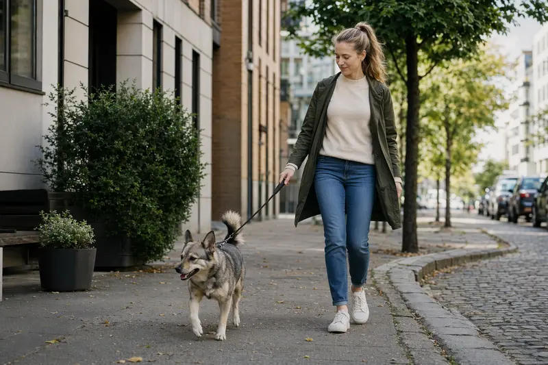 Ein Västgötaspets läuft an der Leine mit seinem Besitzer durch eine moderne Stadtstraße im Alltag.