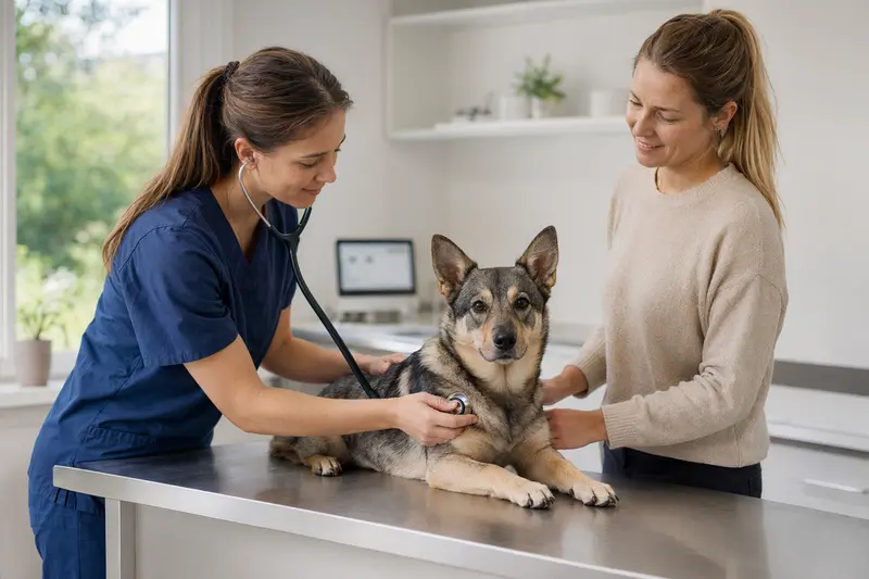Eine Tierärztin untersucht einen ruhigen Västgötaspets auf dem Untersuchungstisch in einer modernen Tierarztpraxis.