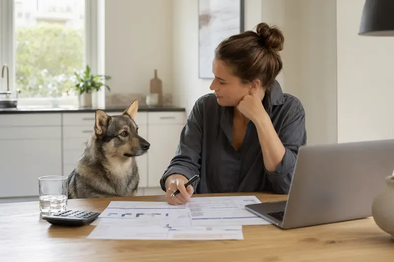 Ein Västgötaspets sitzt ruhig neben seinem Besitzer am Küchentisch mit Versicherungsunterlagen und Laptop zur Hundekrankenversicherung.