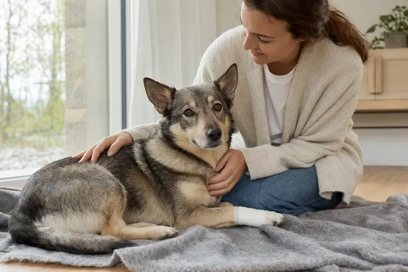 Västgötaspets mit leichtem Verband an der Pfote liegt ruhig auf einer Decke, während sein Besitzer daneben erleichtert sitzt.