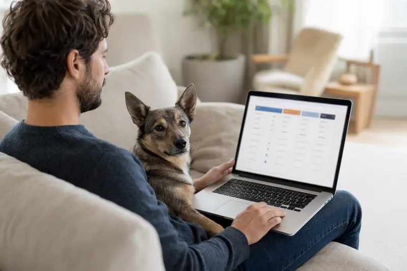 Ein Hundebesitzer sitzt mit einem Laptop auf dem Sofa, während ein Västgötaspets neben ihm sitzt, und zeigt eine unscharfe Versicherungsvergleichsoberfläche.