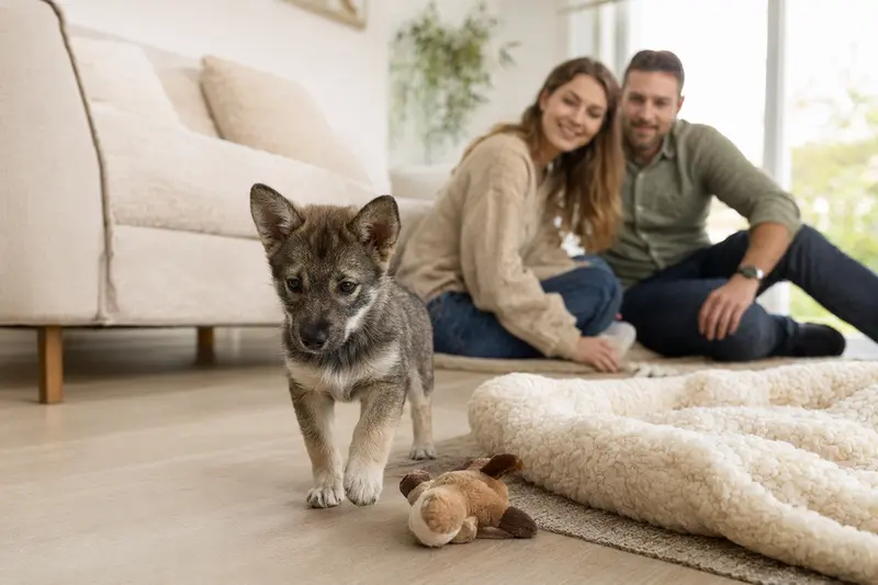 Junger Västgötaspets-Welpe erkundet neugierig sein neues Zuhause in einer hellen Wohnung mit weicher Decke und Spielzeug.