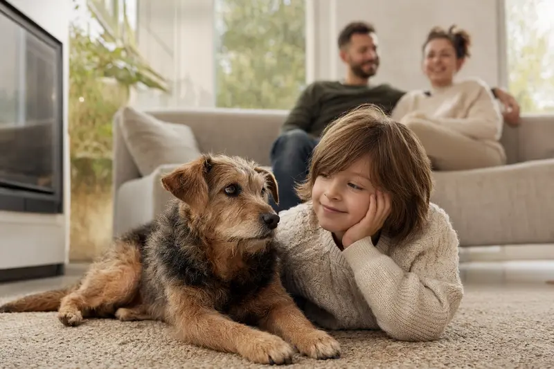 Ein freundlicher Hund liegt entspannt neben einem Kind im Wohnzimmer, während die Eltern im Hintergrund eine sichere und warme Familienatmosphäre schaffen.