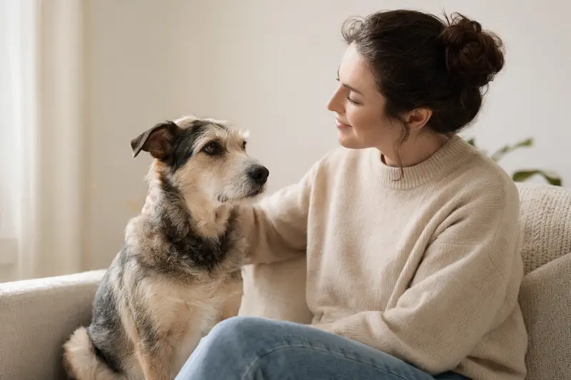 Ein aufmerksamer Verdino Hund steht in natürlicher Haltung vor hellem Hintergrund, als realistisches Tierportrait mit weichem Licht und klaren Details.