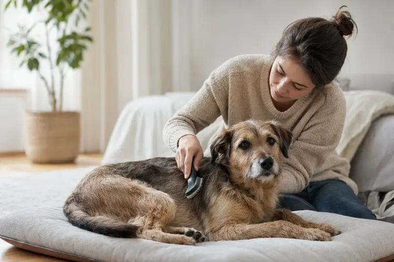 Ein Hund wird in einer hellen Wohnung von seinem Besitzer sanft gebürstet und gepflegt.