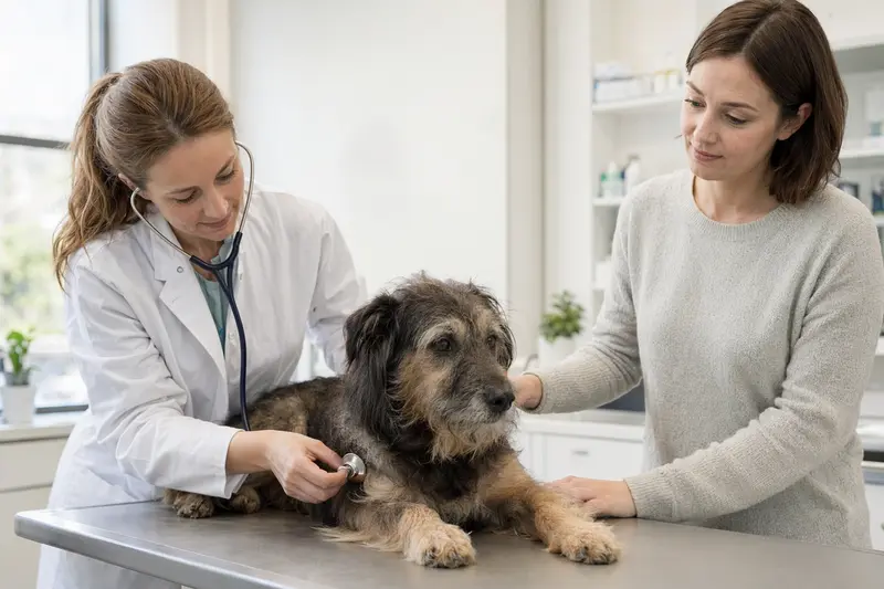 Eine Tierärztin untersucht einen ruhigen Hund auf dem Untersuchungstisch mit dem Stethoskop, während der Besitzer beruhigend daneben steht.