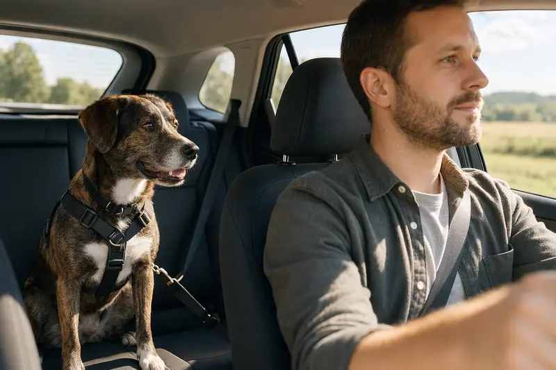 Ein Hund sitzt sicher angeschnallt auf der Rückbank eines Autos, während der Fahrer ruhig unterwegs ist.