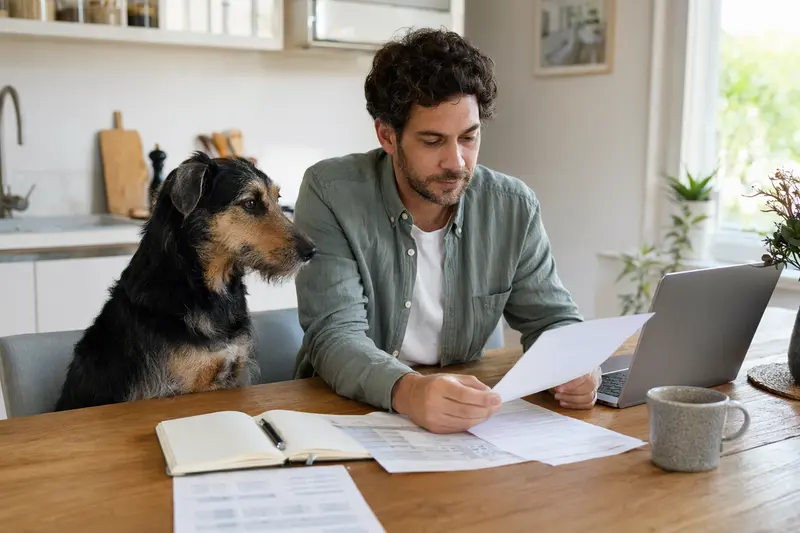 Ein Hund sitzt ruhig neben seinem Besitzer am Küchentisch, während Versicherungsunterlagen und ein Laptop mit Vergleichsseite eine Tierkrankenversicherung thematisieren.