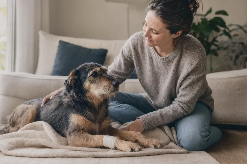 Ein Hund mit leichtem Verband an der Pfote liegt ruhig auf einer Decke, während sein Besitzer erleichtert neben ihm sitzt.