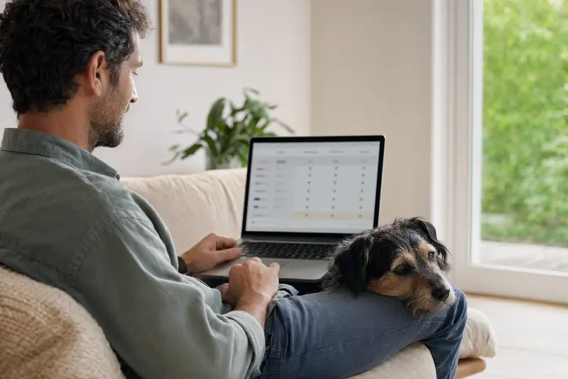 Ein Hund sitzt neben seinem Besitzer auf dem Sofa, während dieser am Laptop einen Versicherungsvergleich für Haustiere durchführt.