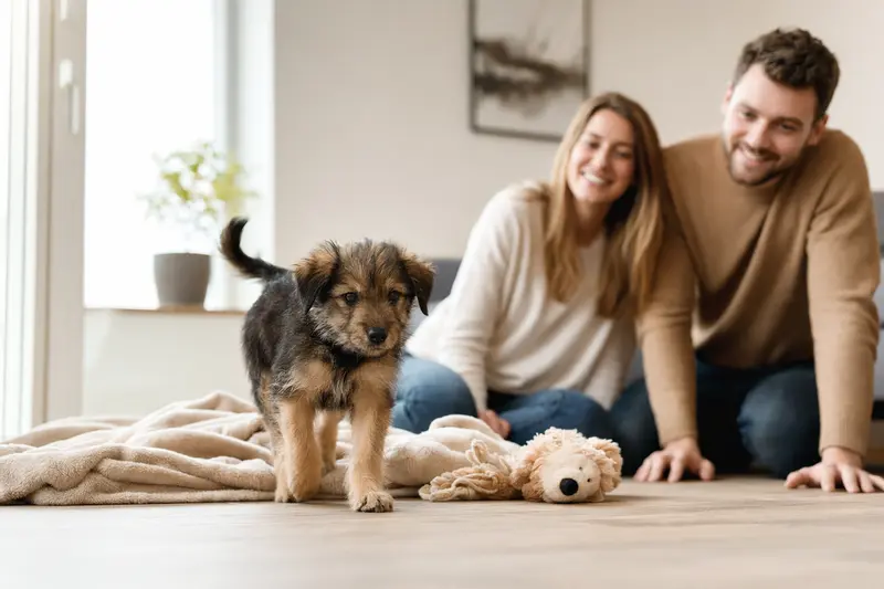 Ein junger Welpe entdeckt neugierig sein neues Zuhause mit weicher Decke und Spielzeug in einer hellen Wohnung, während seine Familie im Hintergrund liebevoll zusieht.