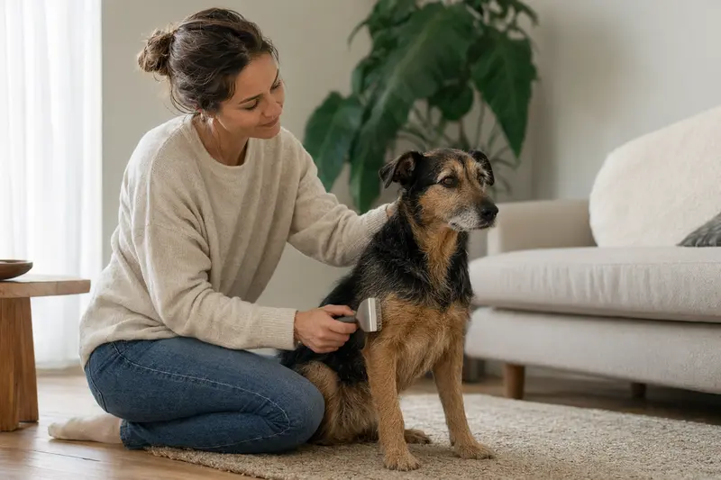 Ein Vieräugl-Hund wird in einer hellen Wohnung sanft gebürstet, während sich der Besitzer liebevoll um die Fellpflege kümmert.