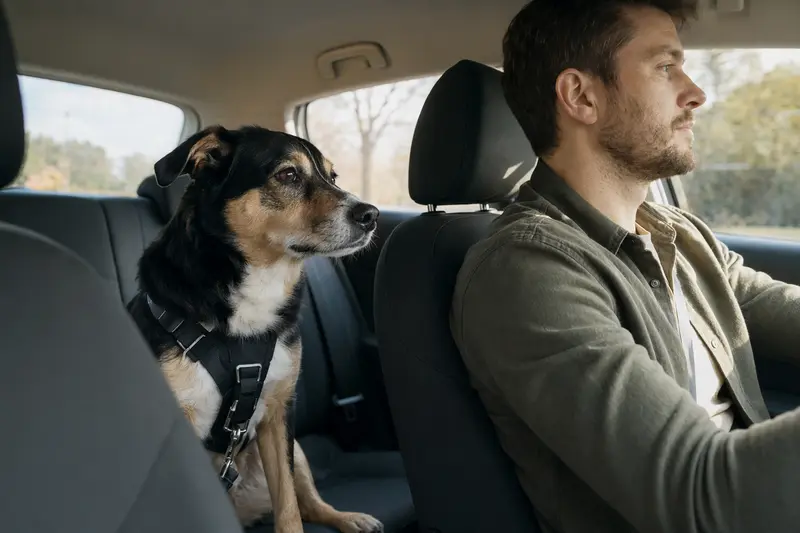Ein sicher angeschnallter Vieraugenhund sitzt auf der Rückbank eines Autos, während der Besitzer ruhig fährt und Sonnenlicht durch das Fenster fällt.