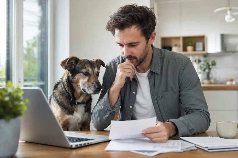 Ein Vieräugl-Hund sitzt ruhig neben seinem Besitzer am Küchentisch mit Versicherungsunterlagen und einem Laptop zur Tierkrankenversicherung.