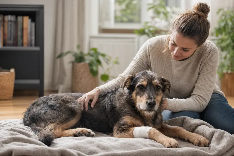 Ein Hund mit leichtem Verband an der Pfote liegt ruhig auf einer Decke, während sein Besitzer erleichtert neben ihm sitzt.