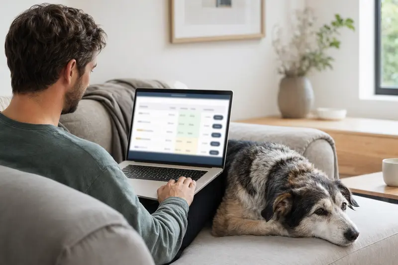 Ein Hundehalter sitzt entspannt auf dem Sofa mit Laptop, während ein Vieräugl Hund neben ihm sitzt und eine Versicherungsvergleichs-Seite öffnet.