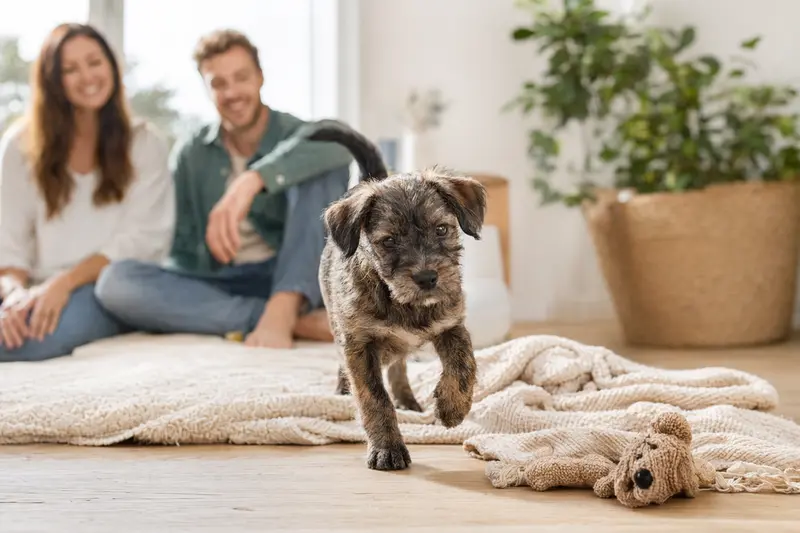 Ein junger Vieräugl-Welpe erkundet neugierig sein neues Zuhause mit weicher Decke und Spielzeug in einer hellen, freundlichen Wohnung.